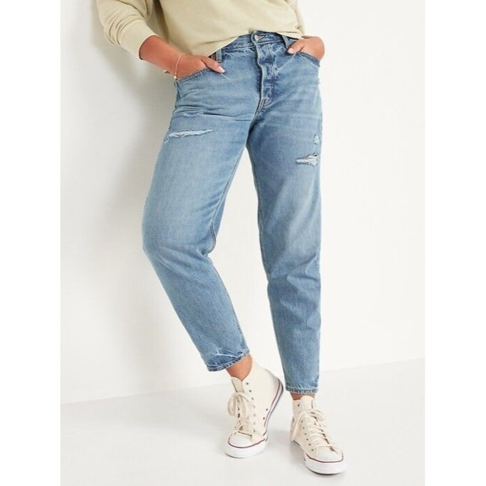 Old Navy Button-Fly Slouchy Taper Ripped Jeans Womens 16 Blue Button Fly NEW